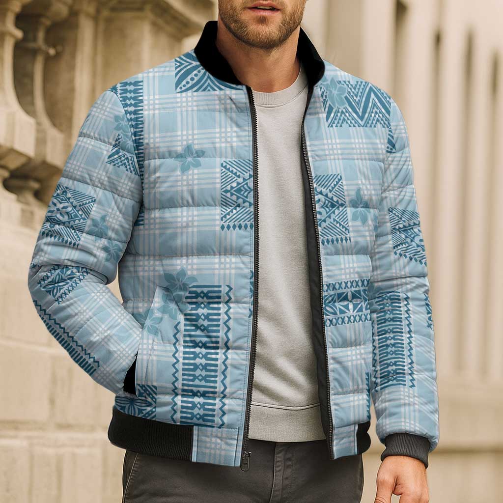 Hawaiian Quilt Tapa On Cold Blue Palaka Motifs Bomber Puffer Jacket