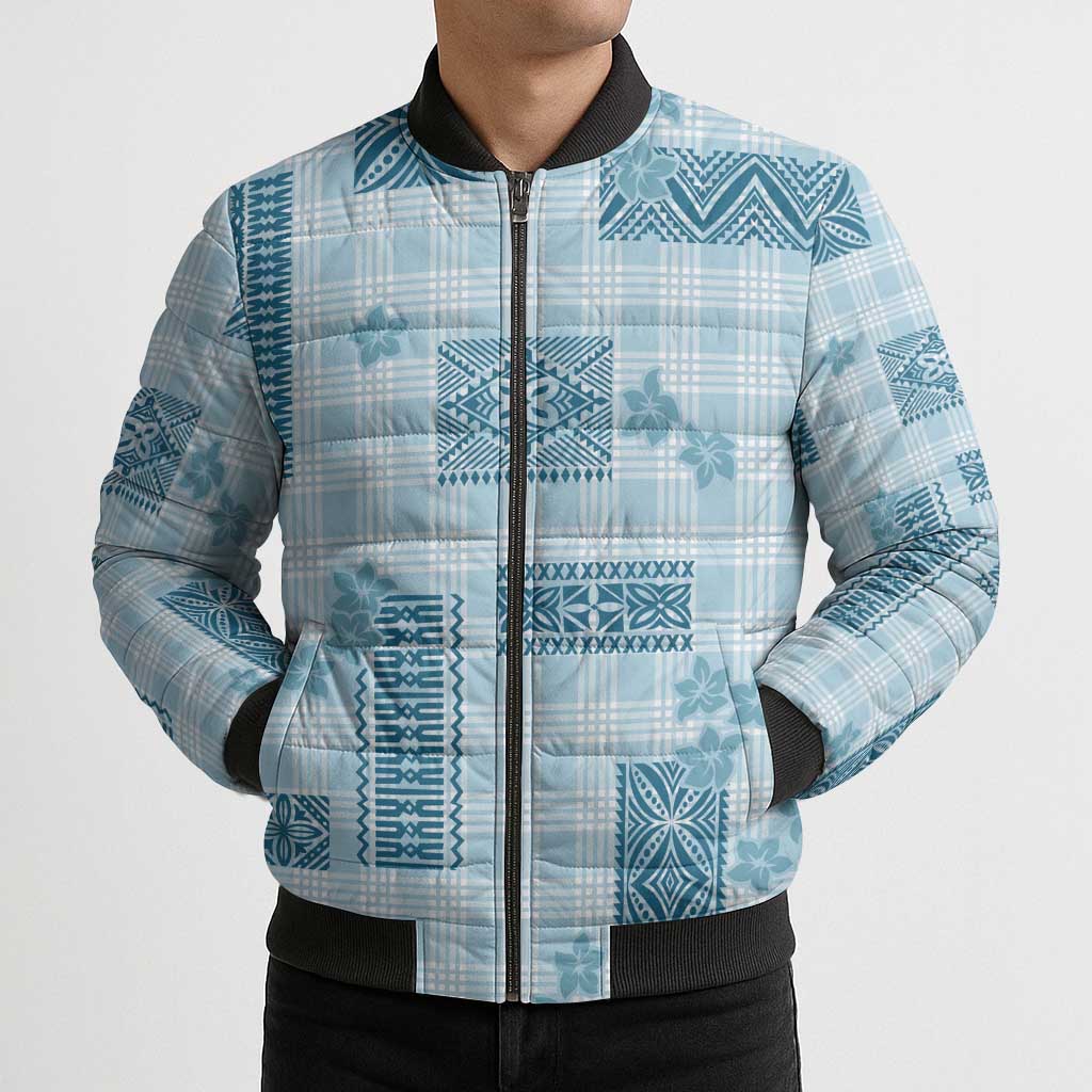 Hawaiian Quilt Tapa On Cold Blue Palaka Motifs Bomber Puffer Jacket