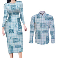 Hawaiian Quilt Tapa On Cold Blue Palaka Motifs Couples Matching Long Sleeve Bodycon Dress and Long Sleeve Button Shirt LT7 Azure - Polynesian Pride