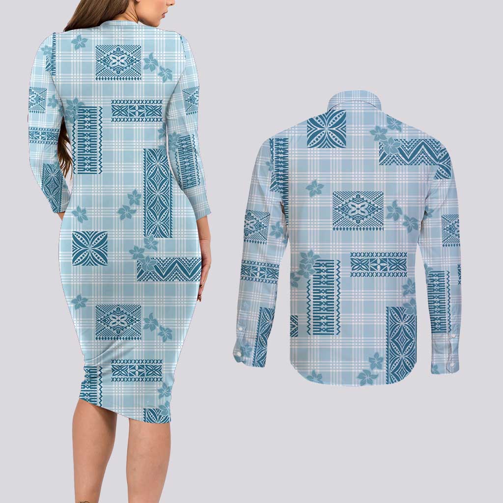 Hawaiian Quilt Tapa On Cold Blue Palaka Motifs Couples Matching Long Sleeve Bodycon Dress and Long Sleeve Button Shirt LT7 - Polynesian Pride