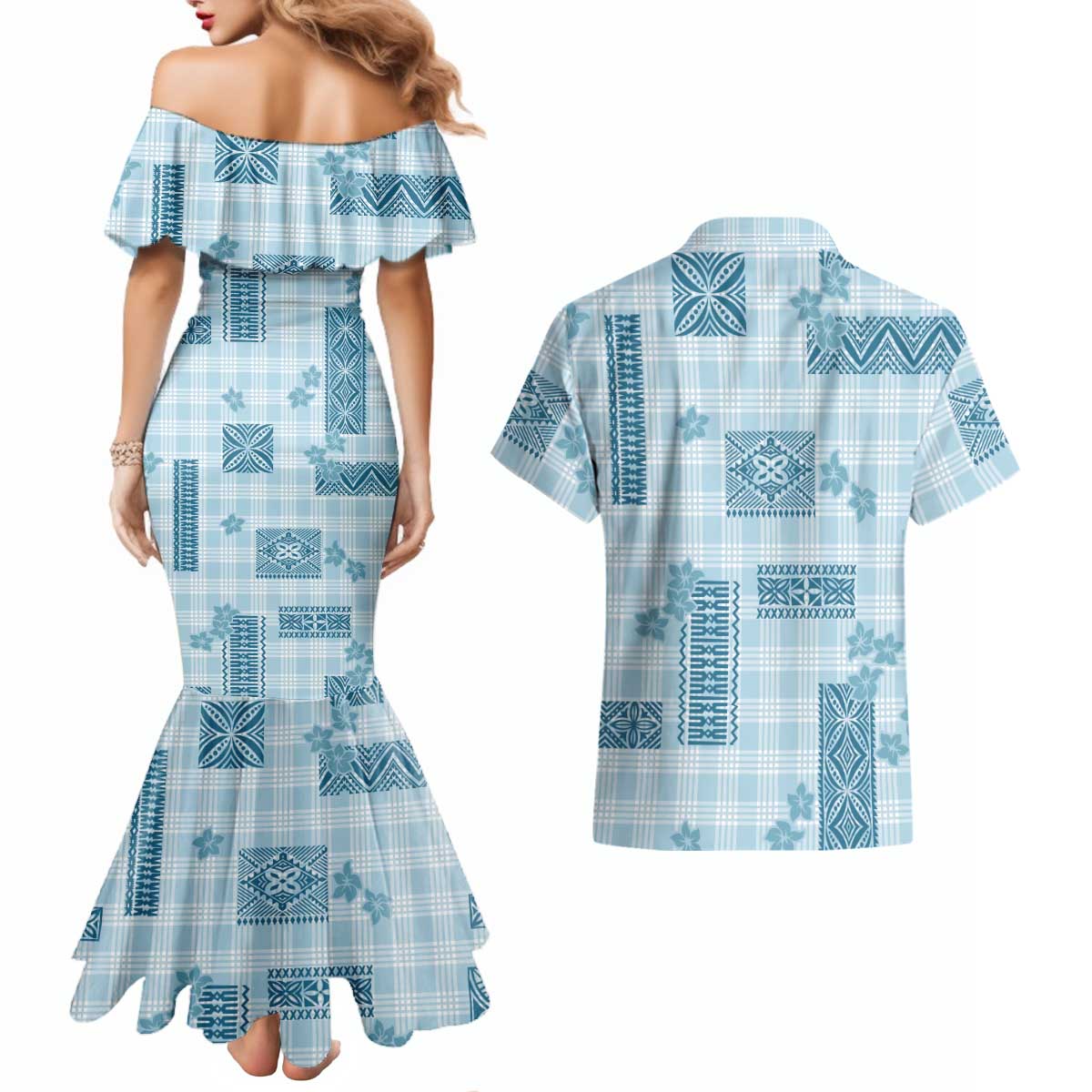 Hawaiian Quilt Tapa On Cold Blue Palaka Motifs Couples Matching Mermaid Dress and Hawaiian Shirt LT7 - Polynesian Pride