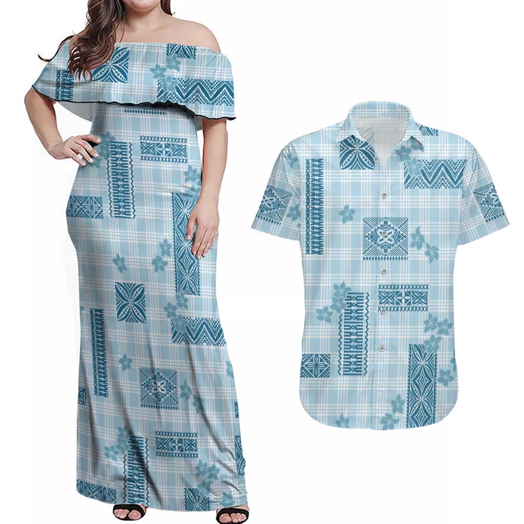 Hawaiian Quilt Tapa On Cold Blue Palaka Motifs Couples Matching Off Shoulder Maxi Dress and Hawaiian Shirt LT7 Azure - Polynesian Pride