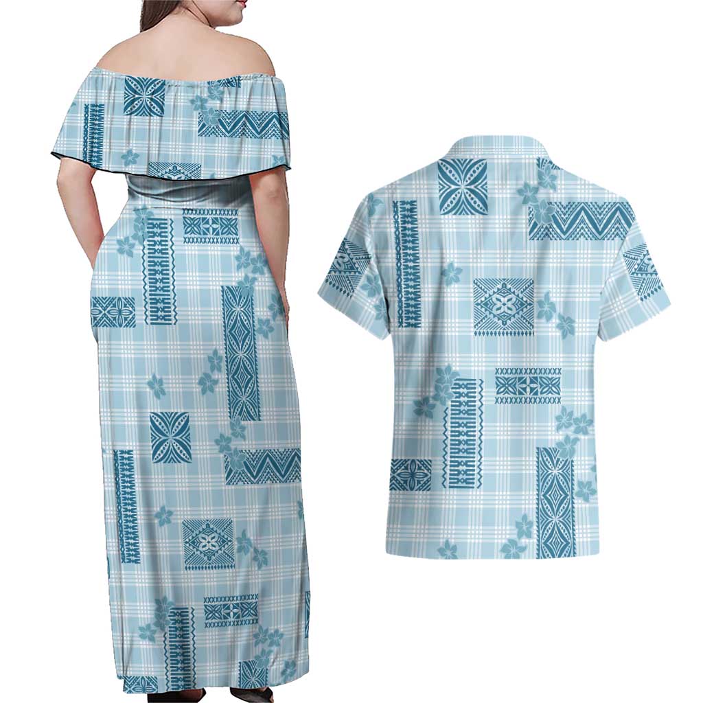 Hawaiian Quilt Tapa On Cold Blue Palaka Motifs Couples Matching Off Shoulder Maxi Dress and Hawaiian Shirt LT7 - Polynesian Pride