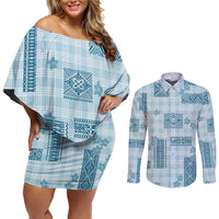 Hawaiian Quilt Tapa On Cold Blue Palaka Motifs Couples Matching Off Shoulder Short Dress and Long Sleeve Button Shirt LT7 Azure - Polynesian Pride