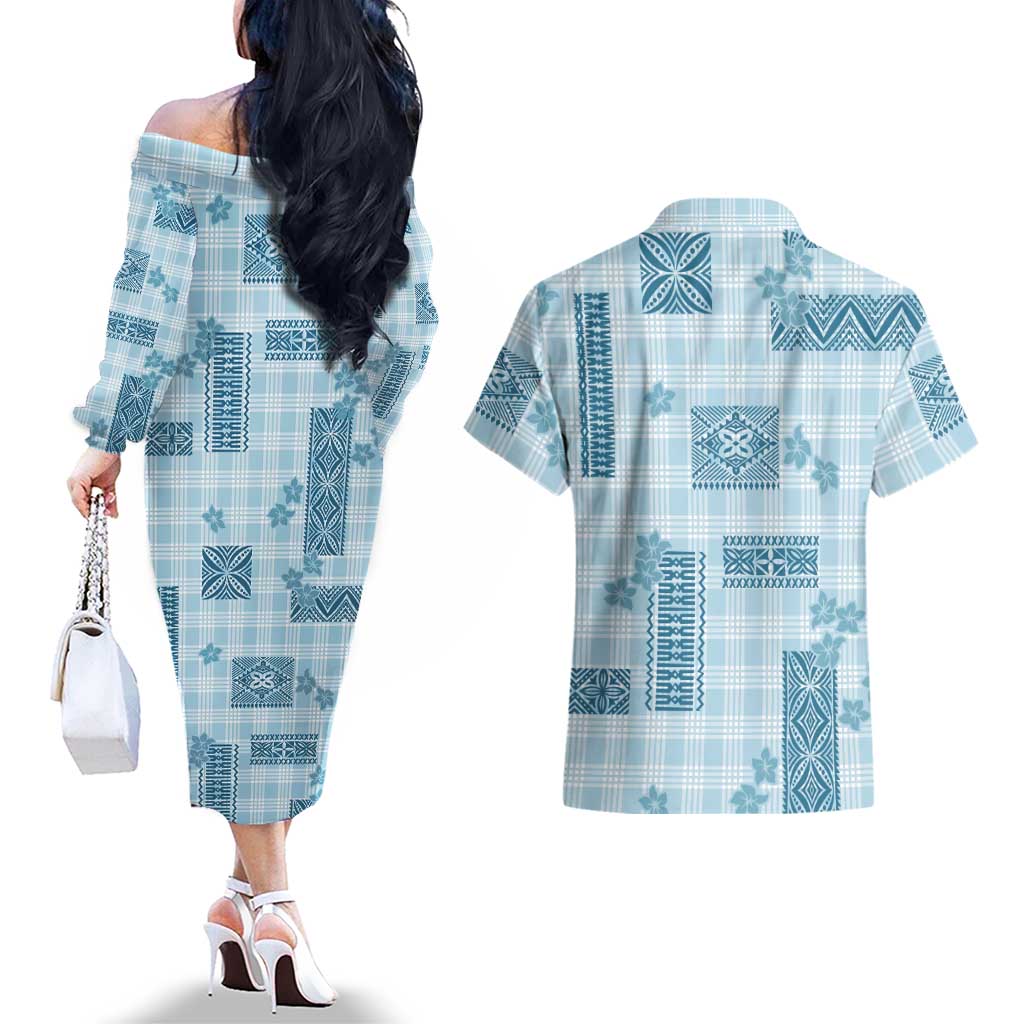 Hawaiian Quilt Tapa On Cold Blue Palaka Motifs Couples Matching Off The Shoulder Long Sleeve Dress and Hawaiian Shirt