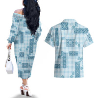 Hawaiian Quilt Tapa On Cold Blue Palaka Motifs Couples Matching Off The Shoulder Long Sleeve Dress and Hawaiian Shirt