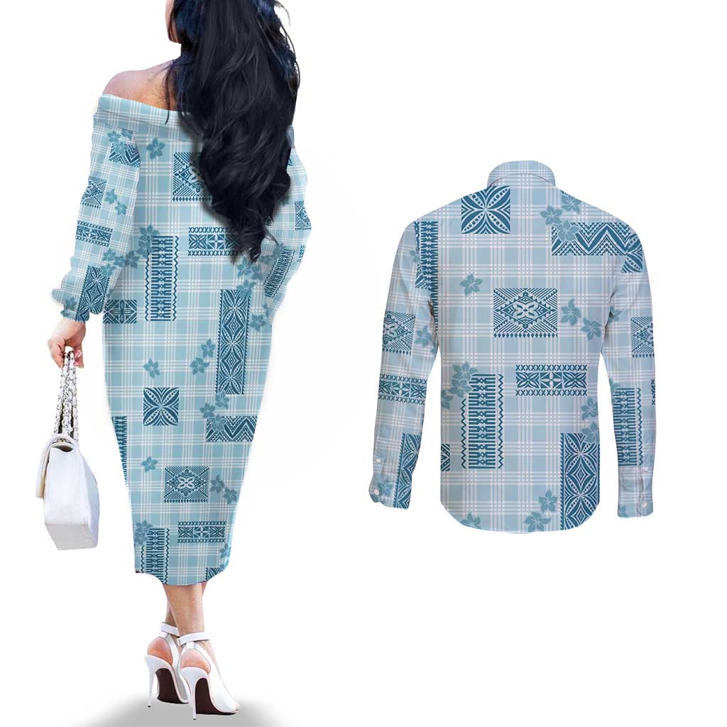 Hawaiian Quilt Tapa On Cold Blue Palaka Motifs Couples Matching Off The Shoulder Long Sleeve Dress and Long Sleeve Button Shirt LT7 - Polynesian Pride