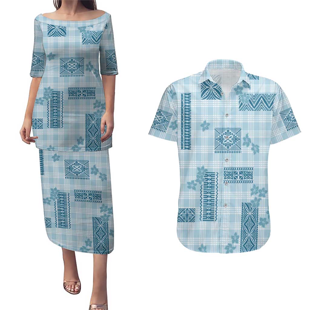Hawaiian Quilt Tapa On Cold Blue Palaka Motifs Couples Matching Puletasi and Hawaiian Shirt LT7 Azure - Polynesian Pride
