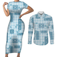 Hawaiian Quilt Tapa On Cold Blue Palaka Motifs Couples Matching Short Sleeve Bodycon Dress and Long Sleeve Button Shirt LT7 Azure - Polynesian Pride
