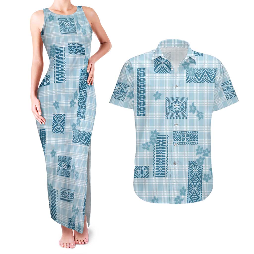 Hawaiian Quilt Tapa On Cold Blue Palaka Motifs Couples Matching Tank Maxi Dress and Hawaiian Shirt LT7 Azure - Polynesian Pride