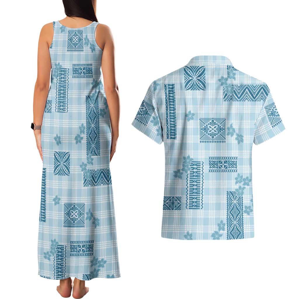 Hawaiian Quilt Tapa On Cold Blue Palaka Motifs Couples Matching Tank Maxi Dress and Hawaiian Shirt LT7 - Polynesian Pride