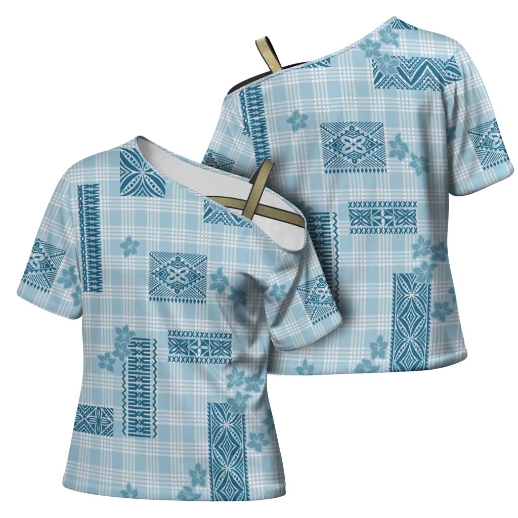 Hawaiian Quilt Tapa On Cold Blue Palaka Motifs Cross Shoulder Shirt