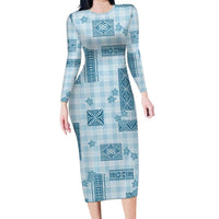 Hawaiian Quilt Tapa On Cold Blue Palaka Motifs Family Matching Long Sleeve Bodycon Dress and Hawaiian Shirt LT7 Mom's Dress Azure - Polynesian Pride