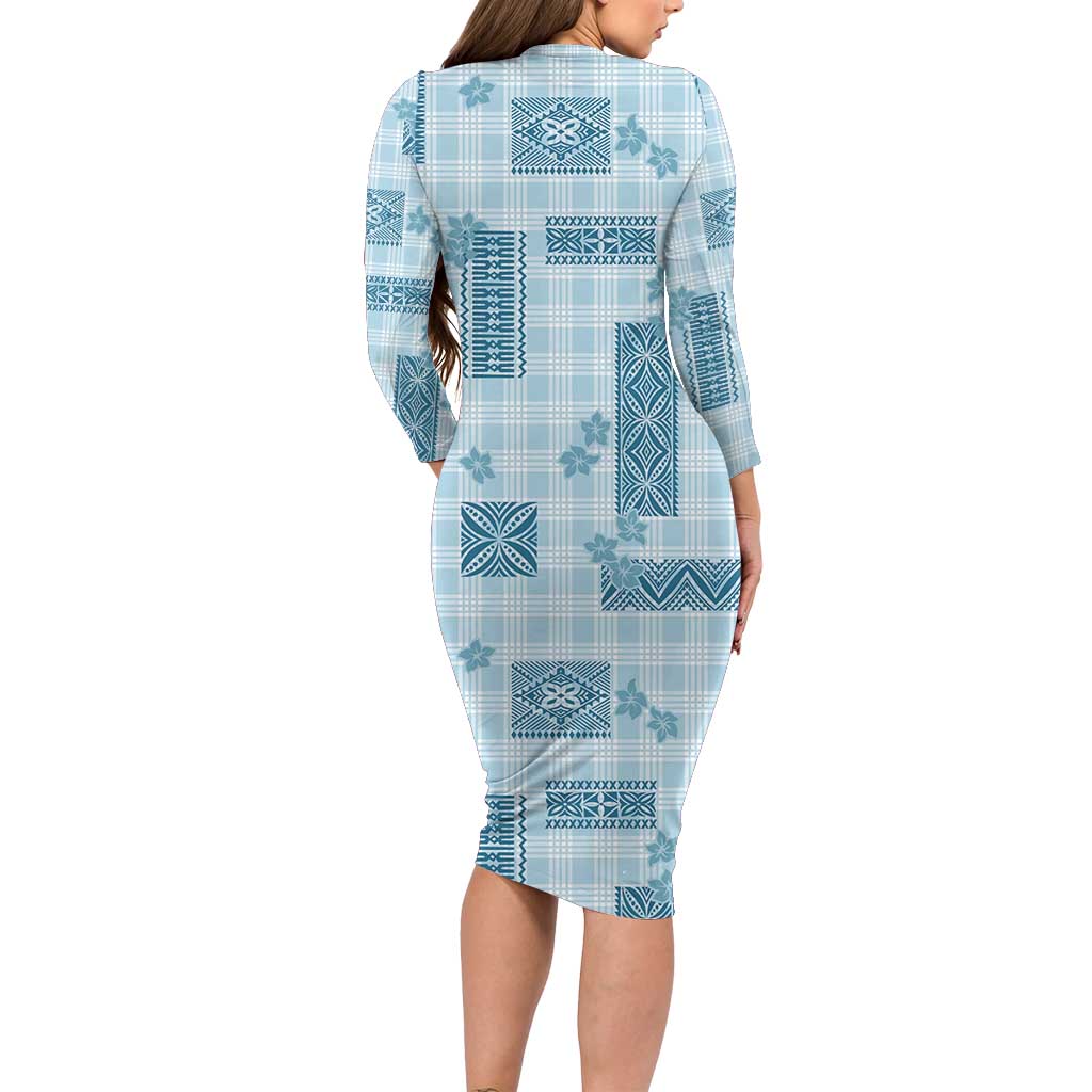 Hawaiian Quilt Tapa On Cold Blue Palaka Motifs Family Matching Long Sleeve Bodycon Dress and Hawaiian Shirt LT7 - Polynesian Pride