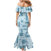 Hawaiian Quilt Tapa On Cold Blue Palaka Motifs Family Matching Mermaid Dress and Hawaiian Shirt LT7 - Polynesian Pride