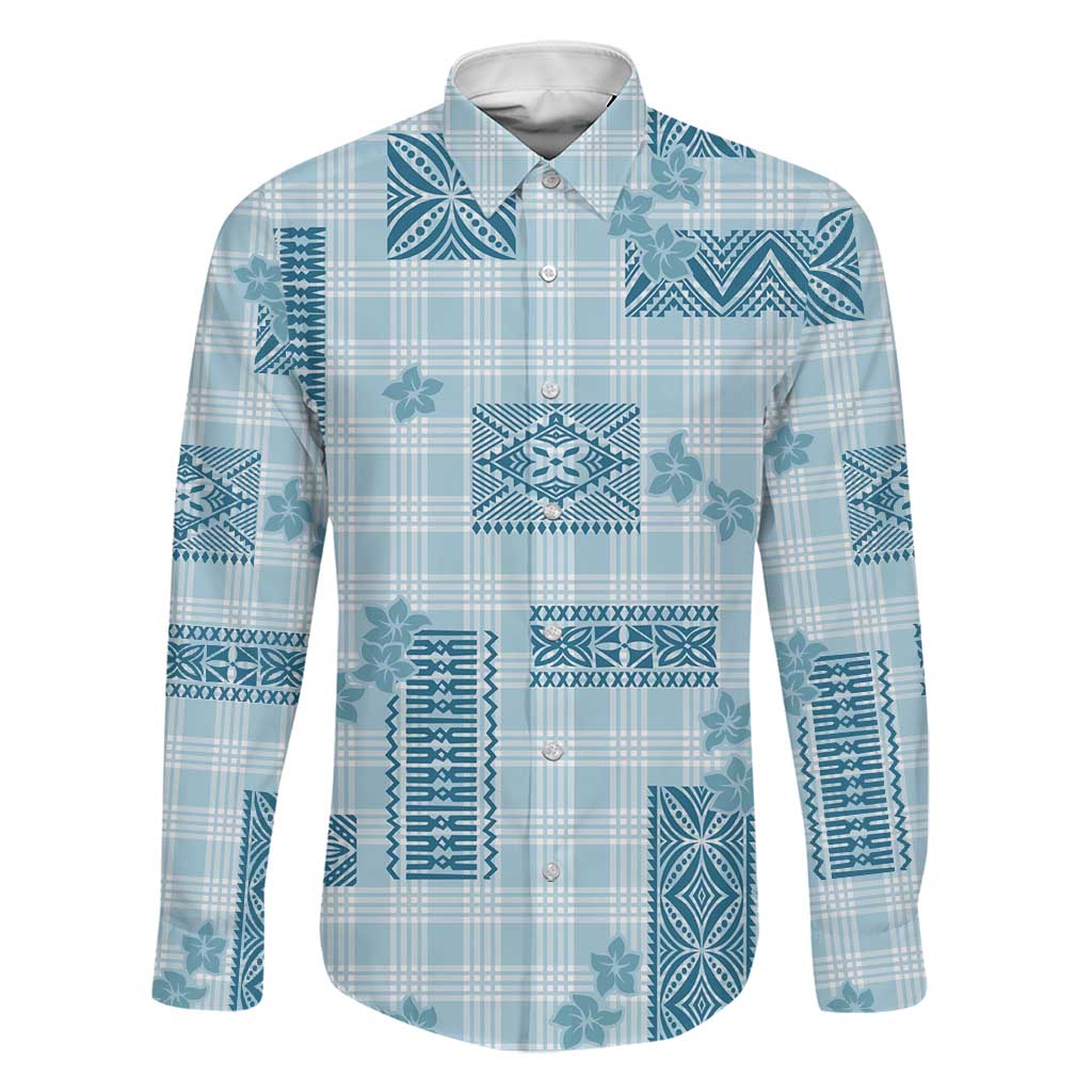 Hawaiian Quilt Tapa On Cold Blue Palaka Motifs Family Matching Off The Shoulder Long Sleeve Dress and Hawaiian Shirt LT7 Dad's Shirt - Long Sleeve Azure - Polynesian Pride