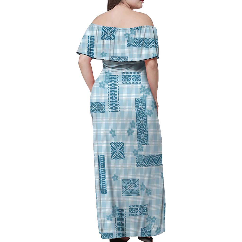 Hawaiian Quilt Tapa On Cold Blue Palaka Motifs Family Matching Off Shoulder Maxi Dress and Hawaiian Shirt