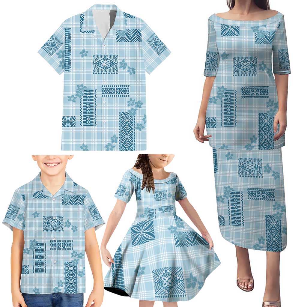 Hawaiian Quilt Tapa On Cold Blue Palaka Motifs Family Matching Puletasi and Hawaiian Shirt
