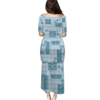 Hawaiian Quilt Tapa On Cold Blue Palaka Motifs Family Matching Puletasi and Hawaiian Shirt