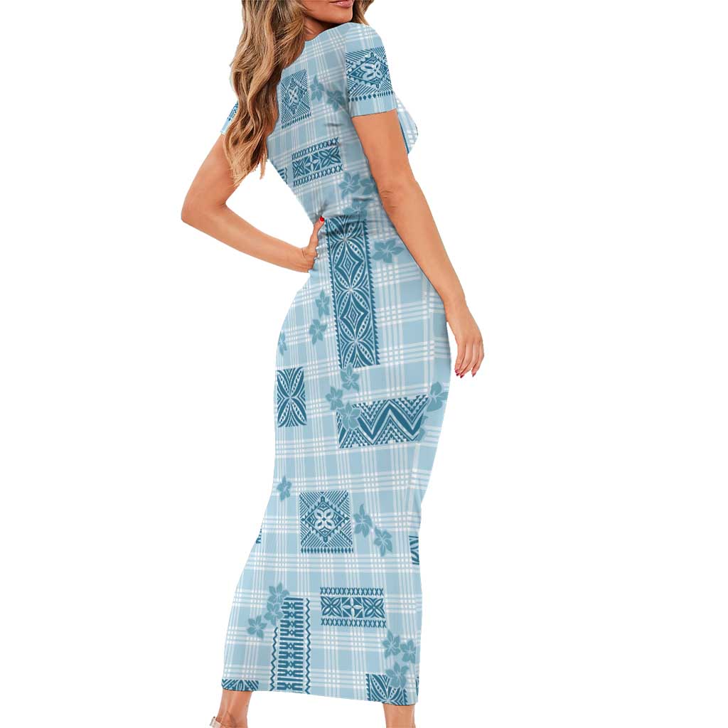 Hawaiian Quilt Tapa On Cold Blue Palaka Motifs Family Matching Short Sleeve Bodycon Dress and Hawaiian Shirt LT7 - Polynesian Pride