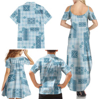 Hawaiian Quilt Tapa On Cold Blue Palaka Motifs Family Matching Summer Maxi Dress and Hawaiian Shirt