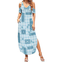 Hawaiian Quilt Tapa On Cold Blue Palaka Motifs Family Matching Summer Maxi Dress and Hawaiian Shirt