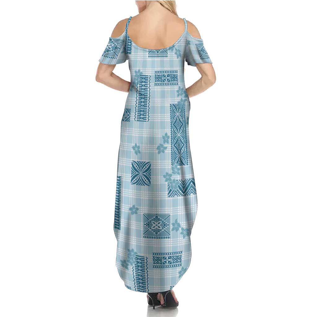 Hawaiian Quilt Tapa On Cold Blue Palaka Motifs Family Matching Summer Maxi Dress and Hawaiian Shirt