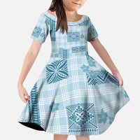 Hawaiian Quilt Tapa On Cold Blue Palaka Motifs Family Matching Tank Maxi Dress and Hawaiian Shirt LT7 Daughter's Dress Azure - Polynesian Pride
