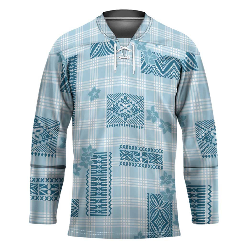 Hawaiian Quilt Tapa On Cold Blue Palaka Motifs Hockey Jersey LT7 Unisex Azure - Polynesian Pride