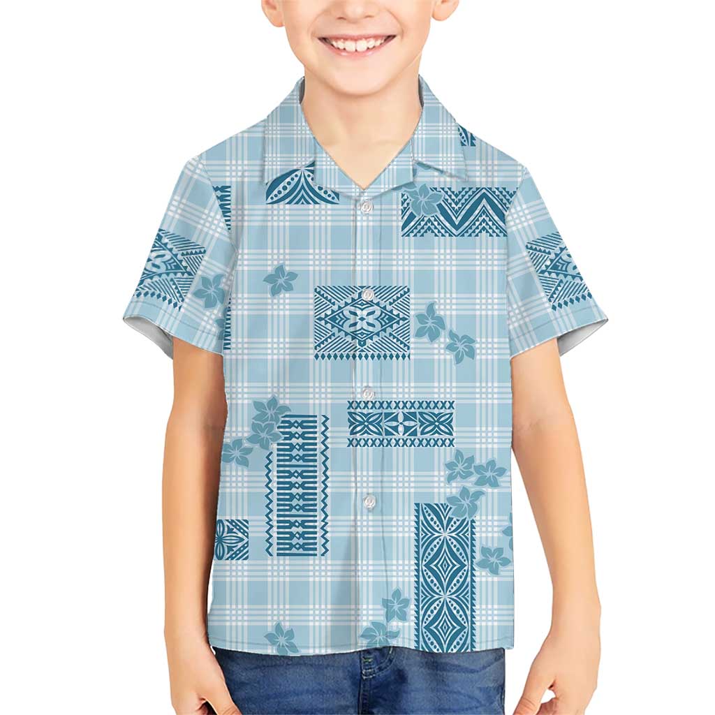 Hawaiian Quilt Tapa On Cold Blue Palaka Motifs Kid Hawaiian Shirt LT7 Kid Azure - Polynesian Pride