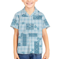 Hawaiian Quilt Tapa On Cold Blue Palaka Motifs Kid Hawaiian Shirt LT7 Kid Azure - Polynesian Pride