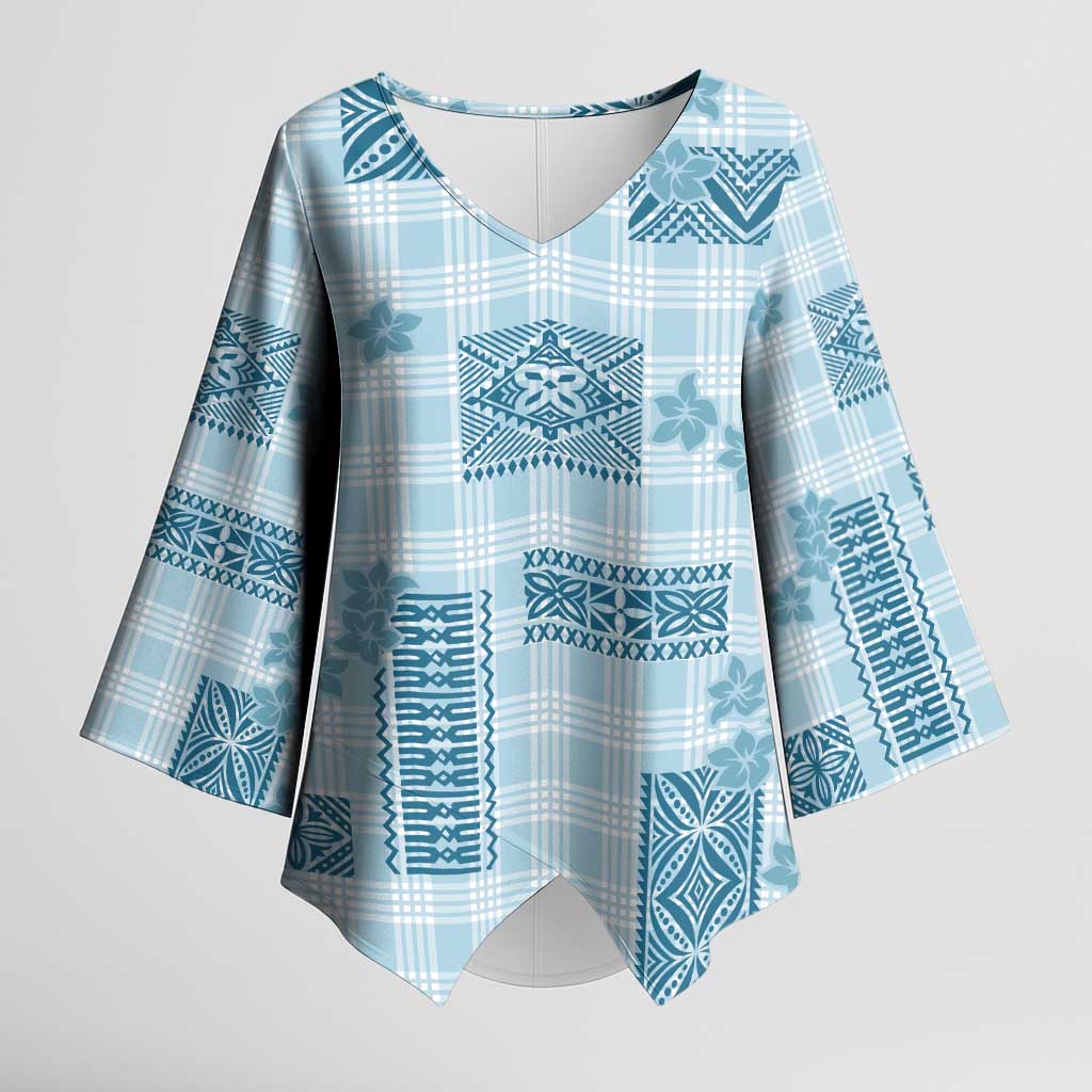Hawaiian Quilt Tapa On Cold Blue Palaka Motifs Kimono Sleeve Blouse