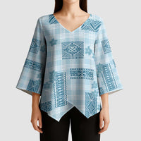 Hawaiian Quilt Tapa On Cold Blue Palaka Motifs Kimono Sleeve Blouse