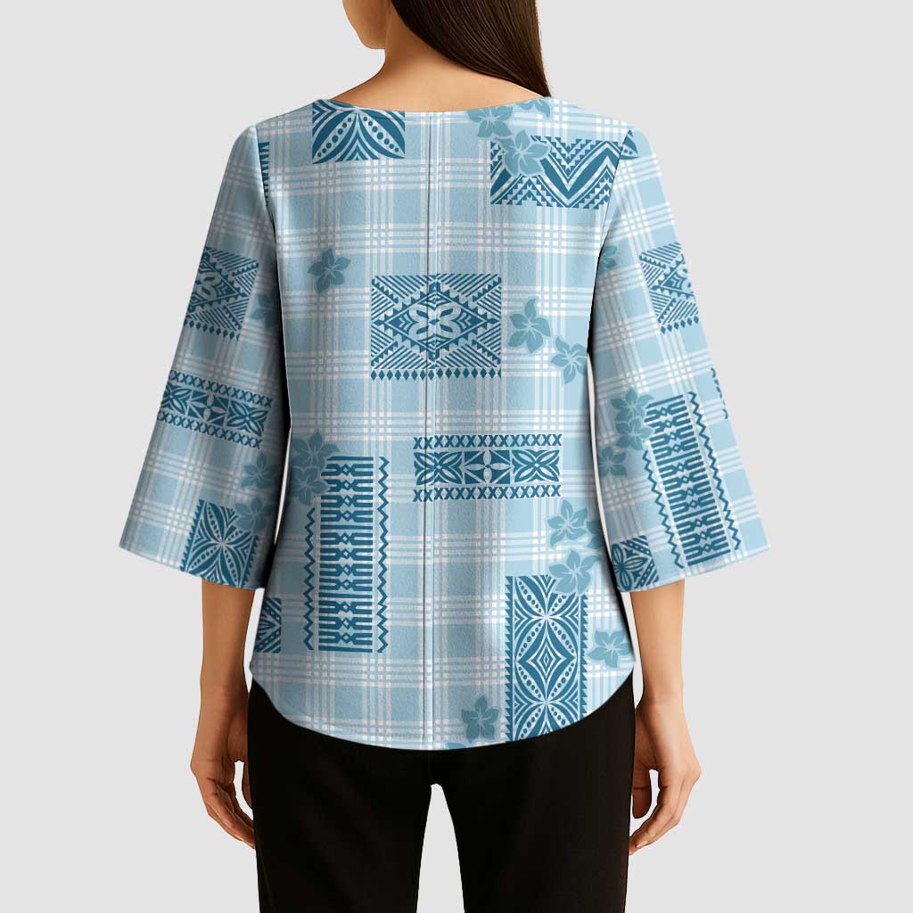 Hawaiian Quilt Tapa On Cold Blue Palaka Motifs Kimono Sleeve Blouse