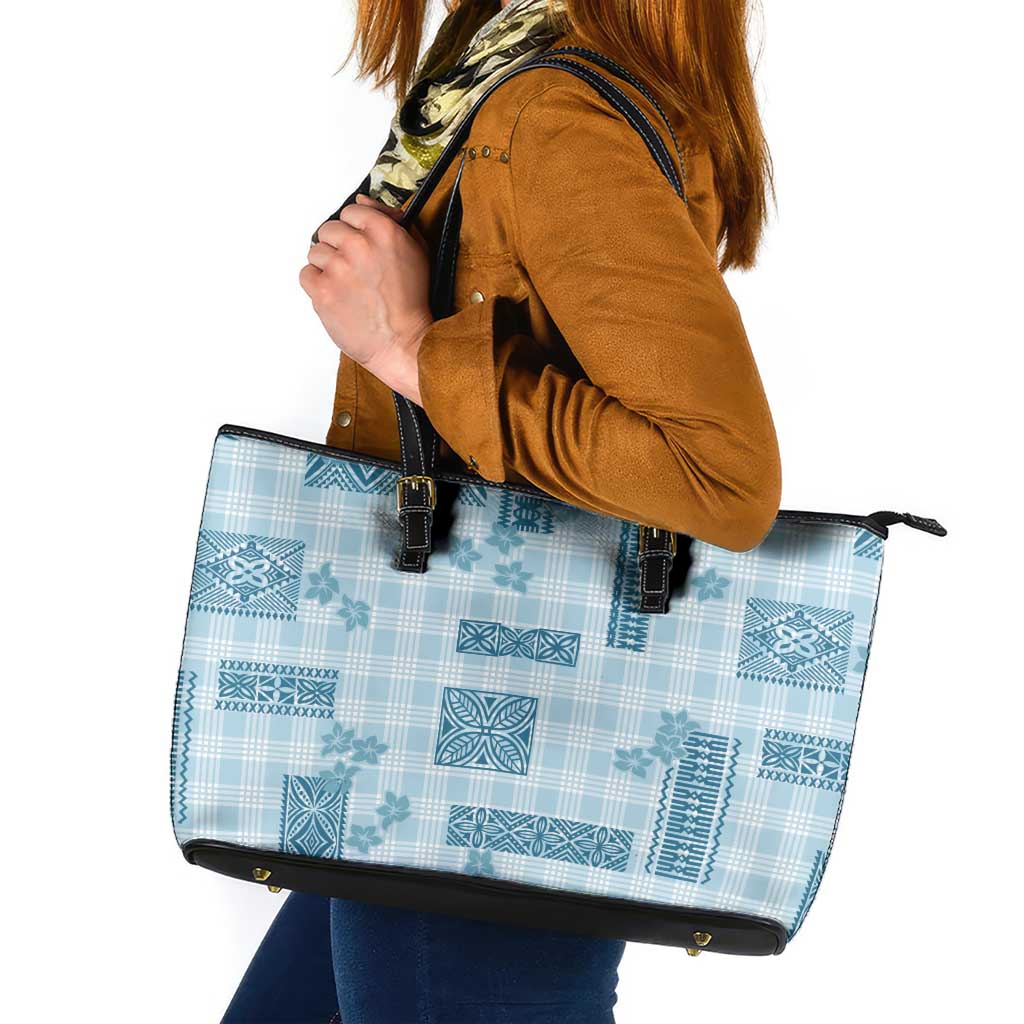 Hawaiian Quilt Tapa On Cold Blue Palaka Motifs Leather Tote Bag