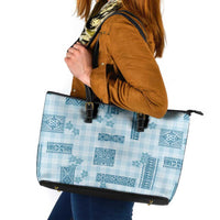 Hawaiian Quilt Tapa On Cold Blue Palaka Motifs Leather Tote Bag