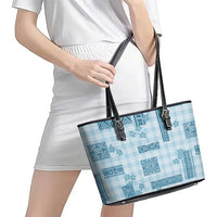 Hawaiian Quilt Tapa On Cold Blue Palaka Motifs Leather Tote Bag