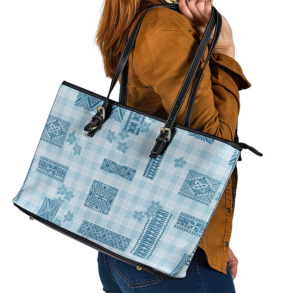 Hawaiian Quilt Tapa On Cold Blue Palaka Motifs Leather Tote Bag