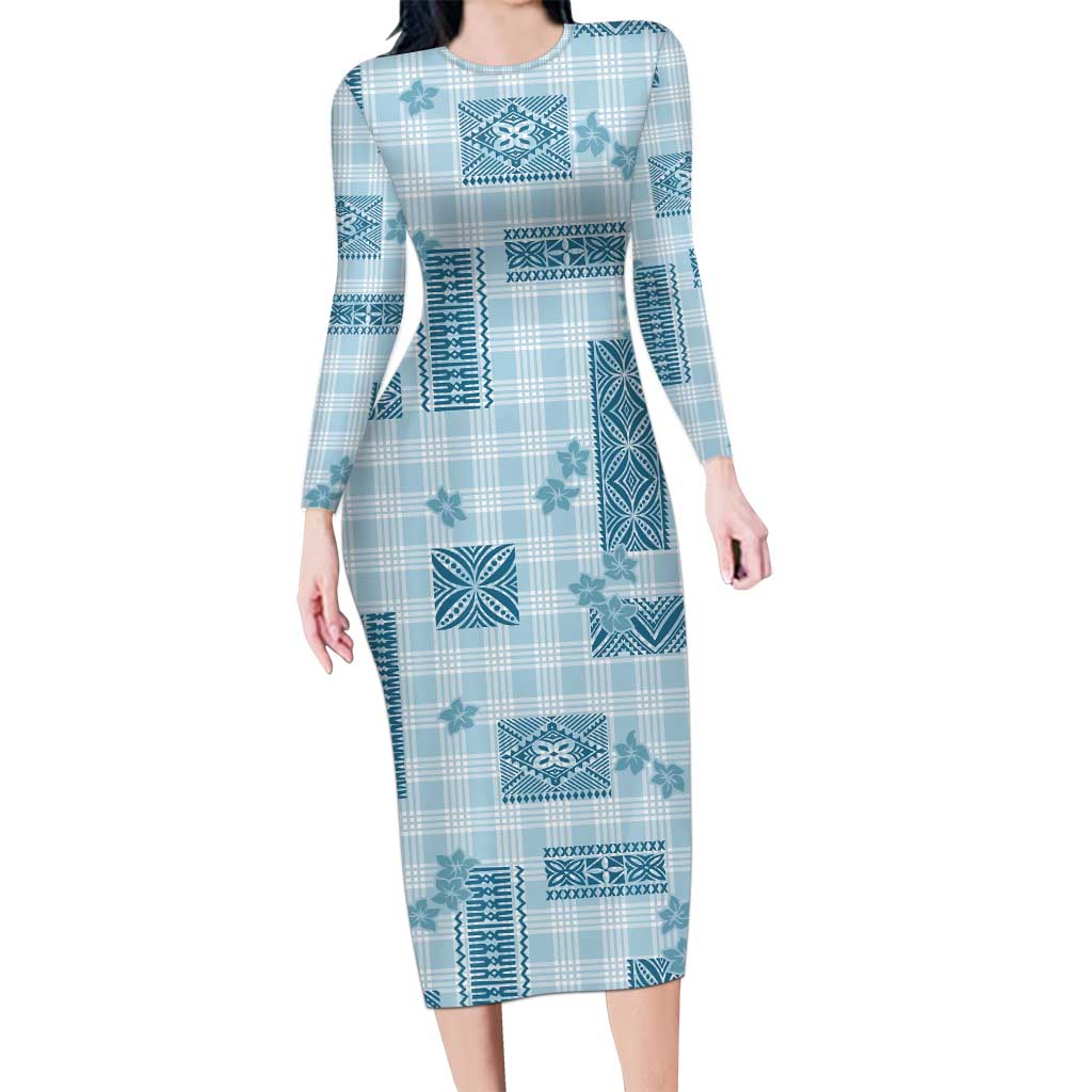 Hawaiian Quilt Tapa On Cold Blue Palaka Motifs Long Sleeve Bodycon Dress