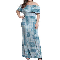 Hawaiian Quilt Tapa On Cold Blue Palaka Motifs Off Shoulder Maxi Dress