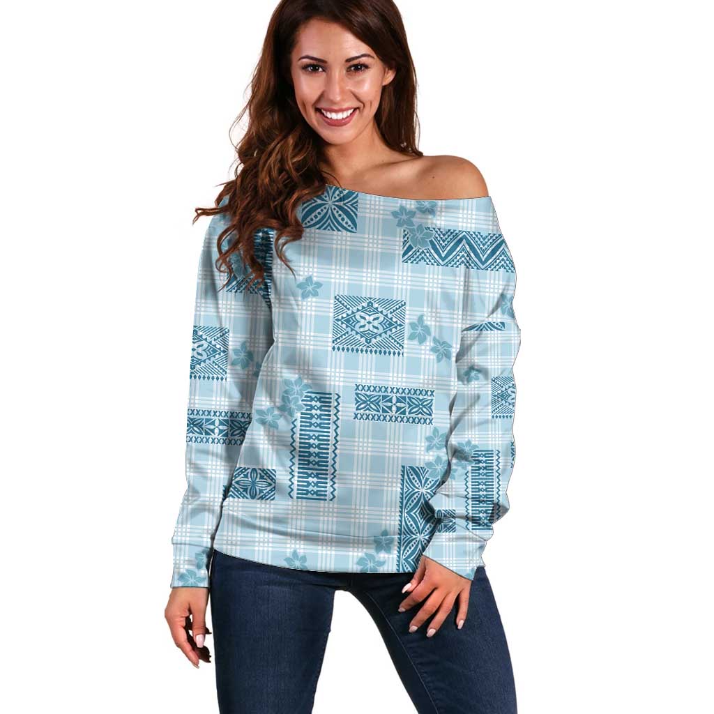 Hawaiian Quilt Tapa On Cold Blue Palaka Motifs Off Shoulder Sweater