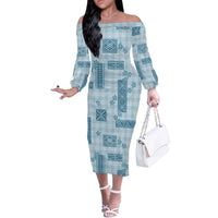 Hawaiian Quilt Tapa On Cold Blue Palaka Motifs Off The Shoulder Long Sleeve Dress LT7 Women Azure - Polynesian Pride