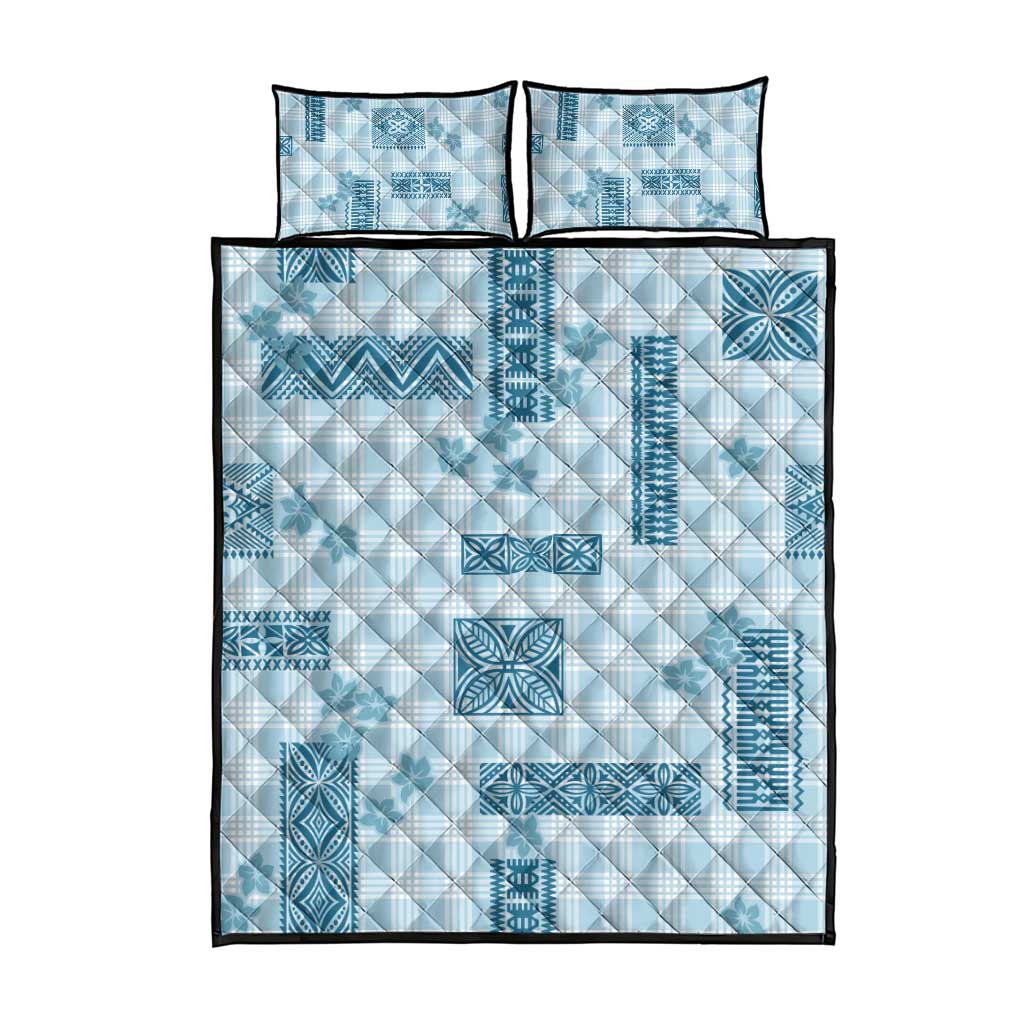 Hawaiian Quilt Tapa On Cold Blue Palaka Motifs Quilt Bed Set