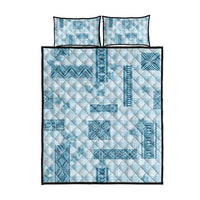Hawaiian Quilt Tapa On Cold Blue Palaka Motifs Quilt Bed Set