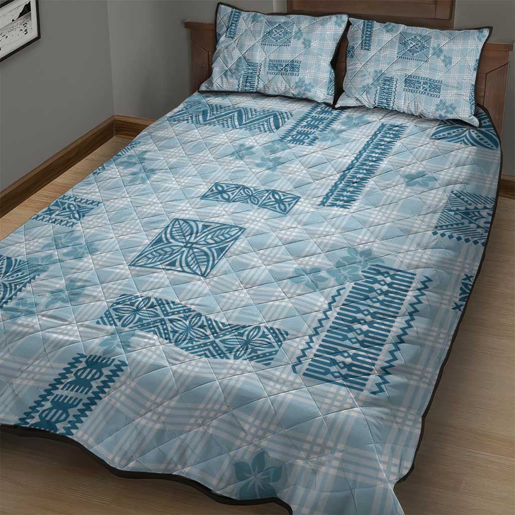 Hawaiian Quilt Tapa On Cold Blue Palaka Motifs Quilt Bed Set