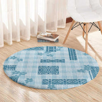Hawaiian Quilt Tapa On Cold Blue Palaka Motifs Round Carpet
