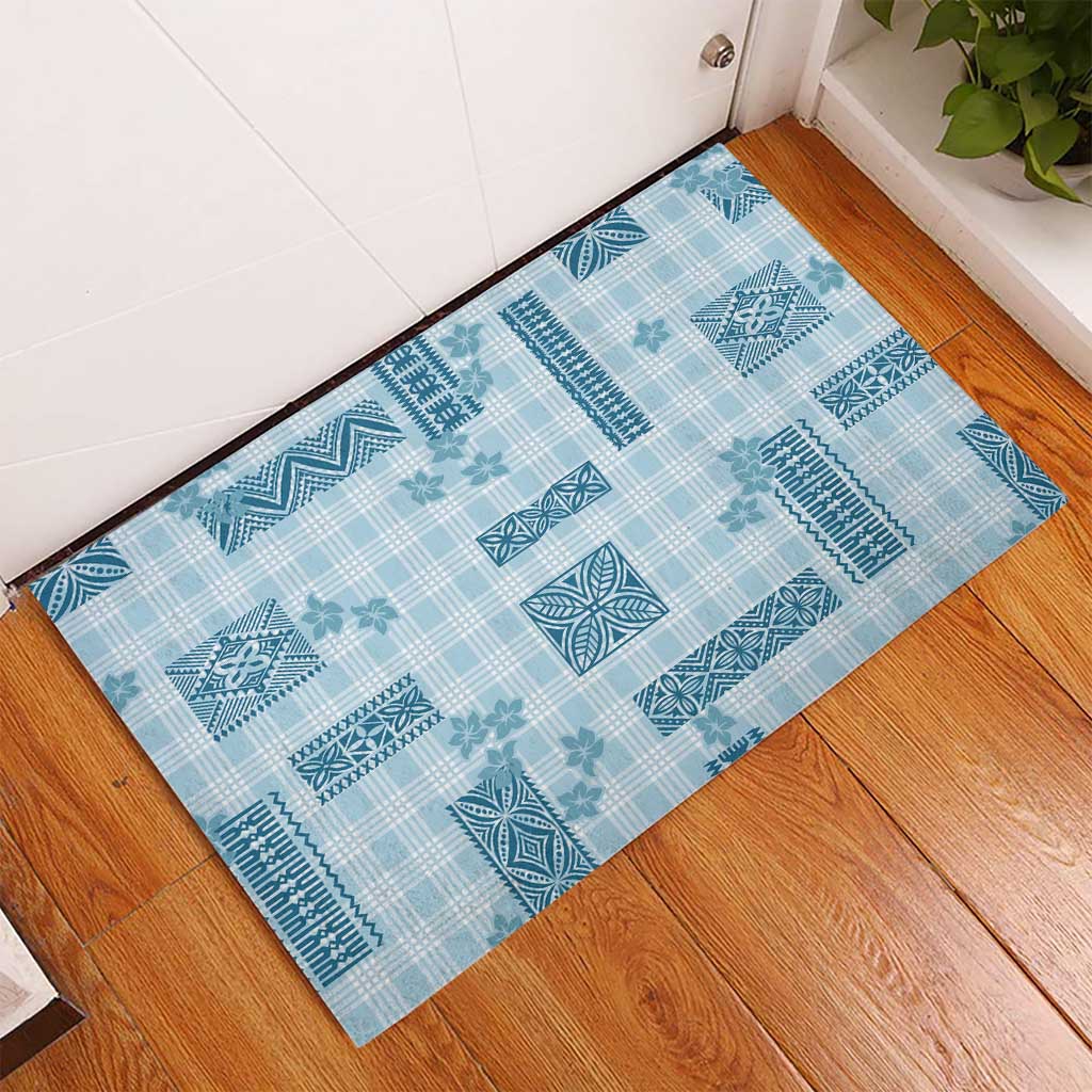 Hawaiian Quilt Tapa On Cold Blue Palaka Motifs Rubber Doormat