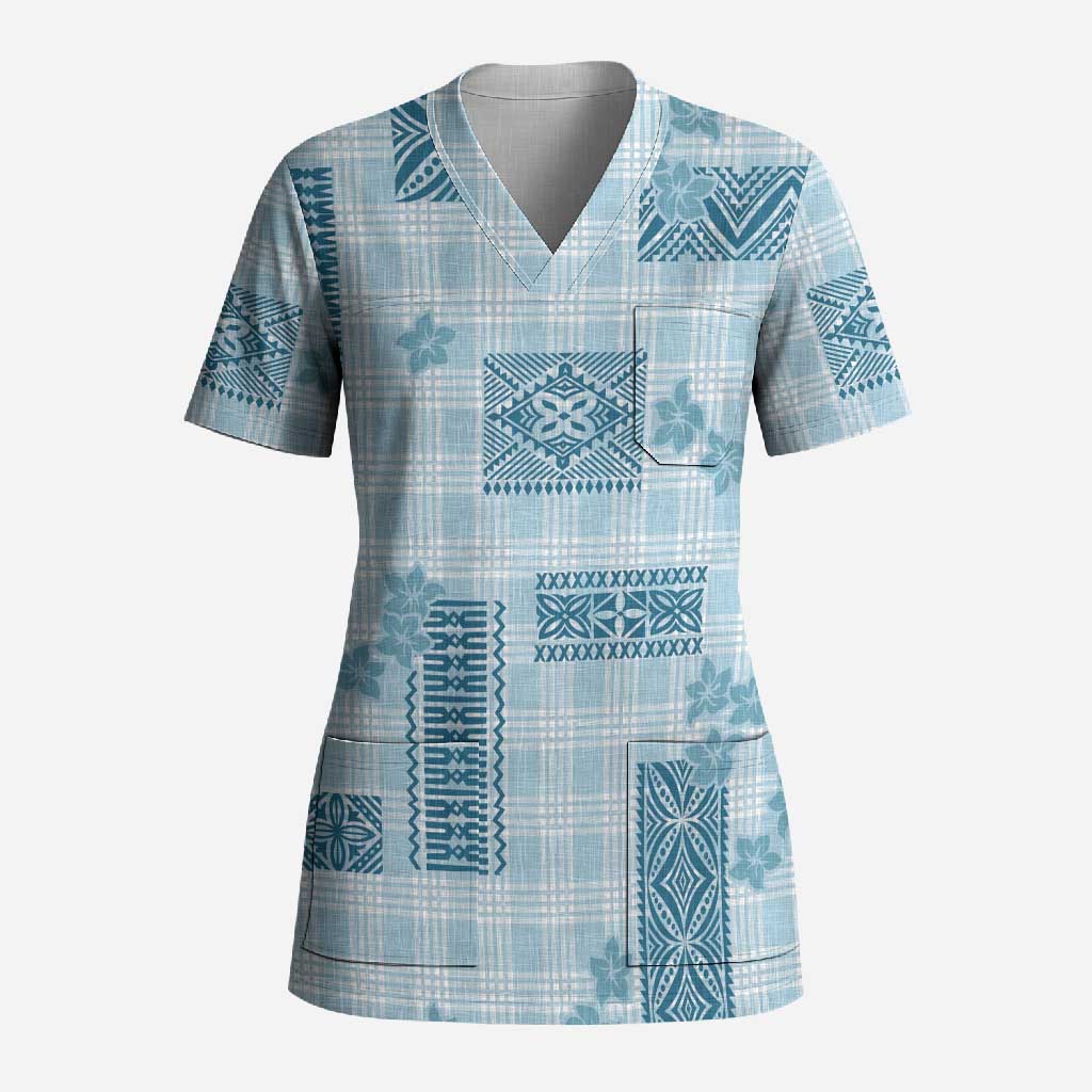 Hawaiian Quilt Tapa On Cold Blue Palaka Motifs Scrub Top LT7 Adult Azure - Polynesian Pride