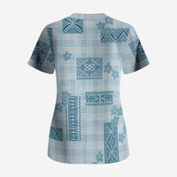 Hawaiian Quilt Tapa On Cold Blue Palaka Motifs Scrub Top LT7 - Polynesian Pride
