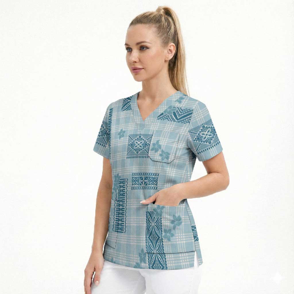 Hawaiian Quilt Tapa On Cold Blue Palaka Motifs Scrub Top LT7 - Polynesian Pride